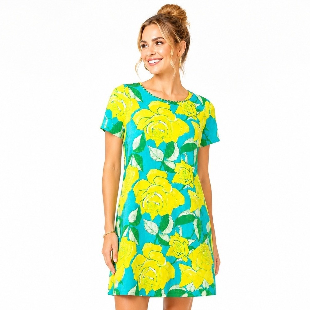 Lilly Pulitzer Cody Short Sleeve Dress Blue Curacao Rose‎ Bud Print Pearl Neck S